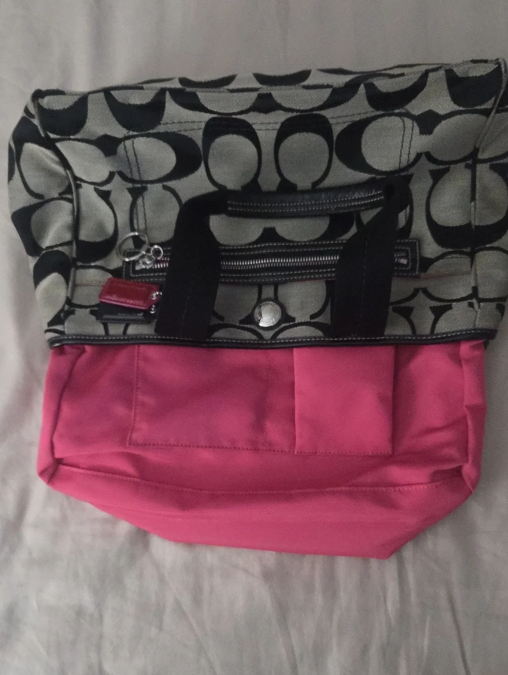 Coach Black and Khaki Signature Canvas Tote with Pink Charm